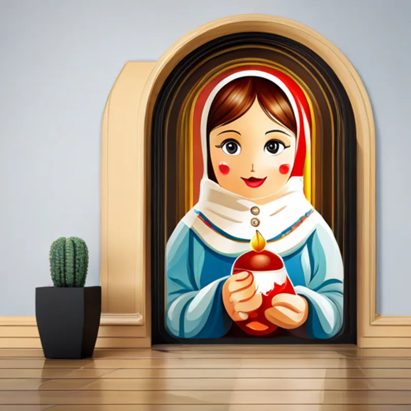 Matryoshka doll looking through a window with excitement