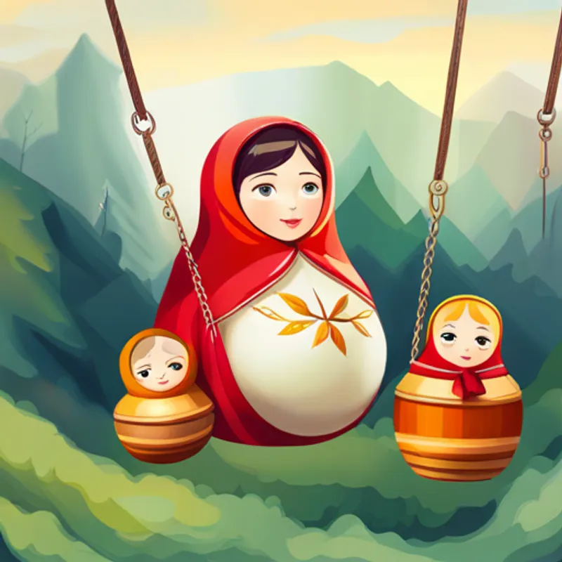 Matryoshka doll playing with other dolls on a swing