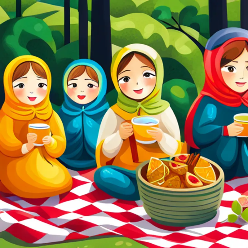 Matryoshka doll and friends enjoying food on a picnic blanket