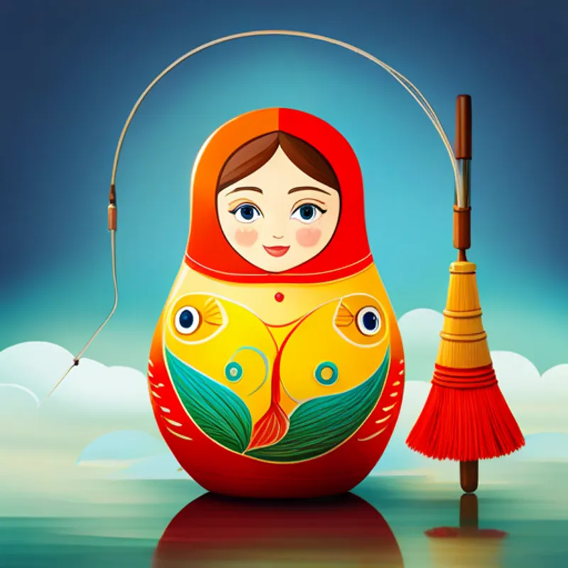 Matryoshka doll with a fishing rod and a happy fish