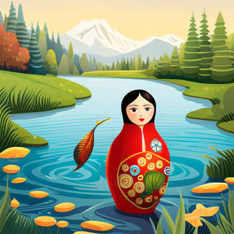 Matryoshka doll letting go of a fish into the pond