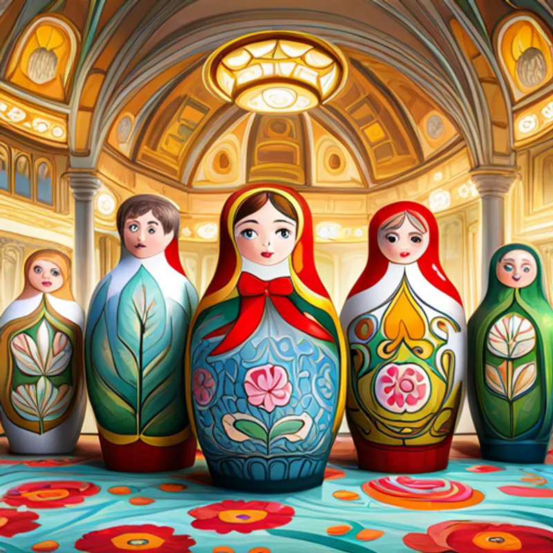 Matryoshka doll dancing with other dolls in a decorated hall