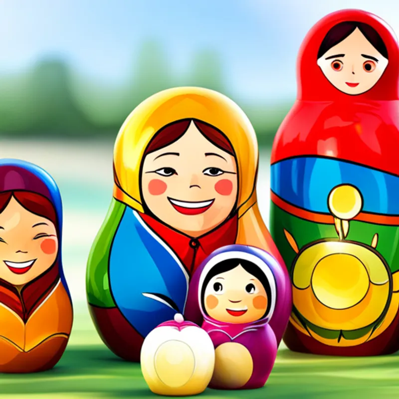 Matryoshka doll spinning and laughing with friends