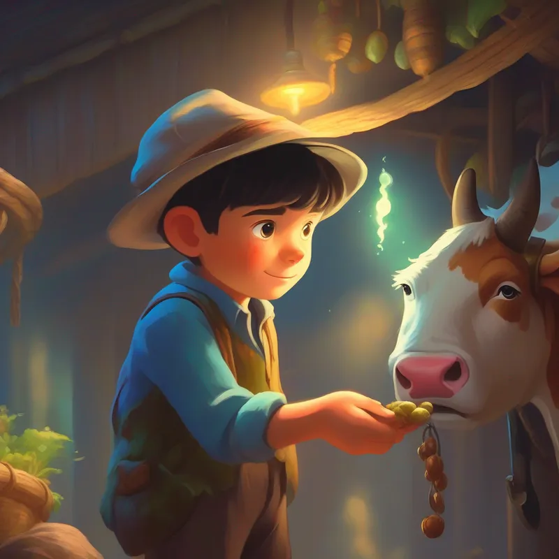 Young boy with ragged clothes and determination in his eyes meets an old man offering magic beans and cow
