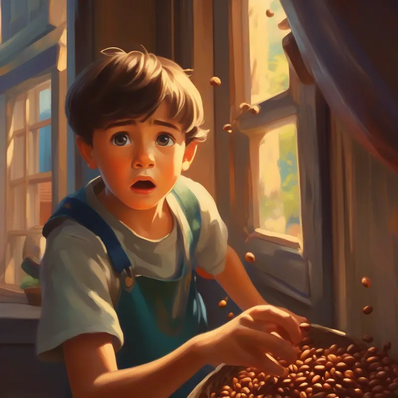Young boy with ragged clothes and determination in his eyes's mother throws the magic beans out of the window