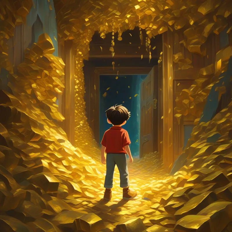Young boy with ragged clothes and determination in his eyes discovers a room full of gold and a giant
