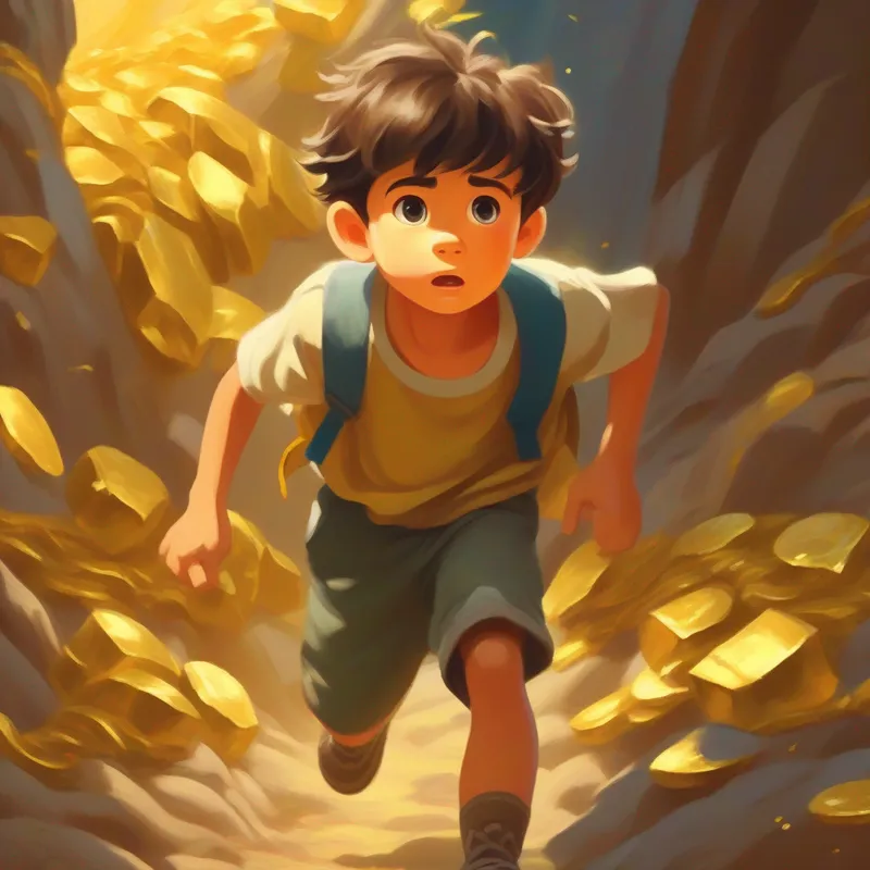 Young boy with ragged clothes and determination in his eyes steals gold from the giant and escapes