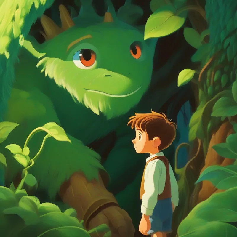 Young boy with ragged clothes and determination in his eyes encounters the giant's wife and cuts down the beanstalk
