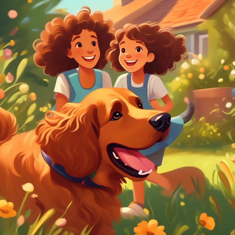 Big, brown dog with floppy ears and a wagging tail and Kind girl with curly hair and a bright smile playing together in a sunny garden