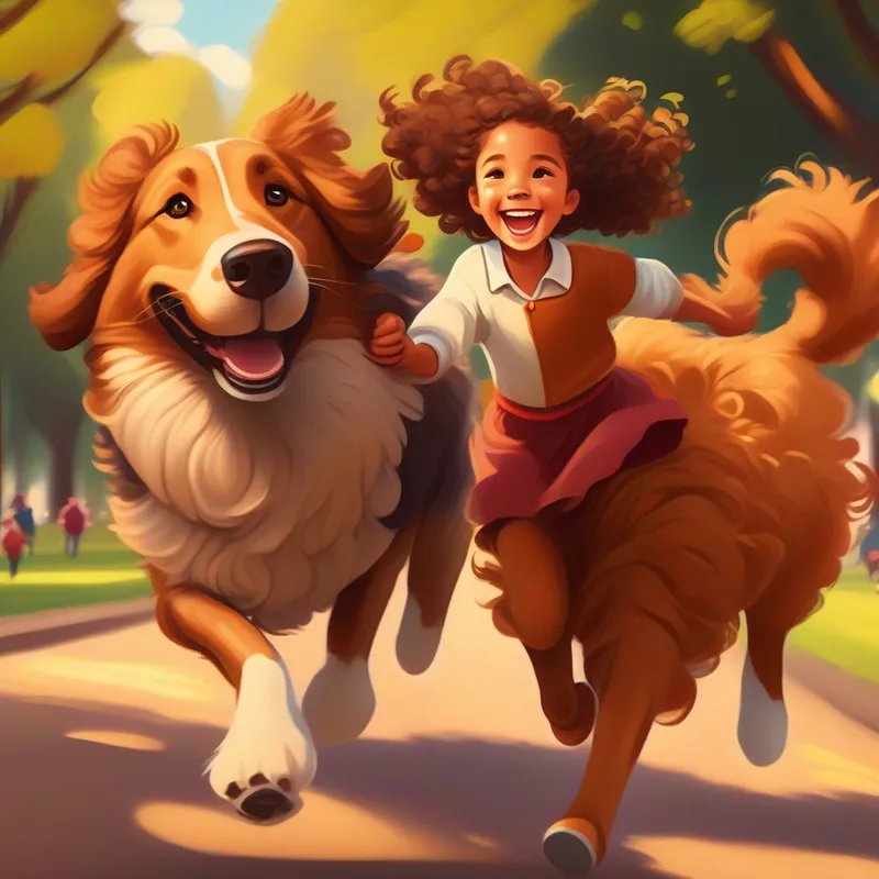 Big, brown dog with floppy ears and a wagging tail and Kind girl with curly hair and a bright smile running and laughing in the park