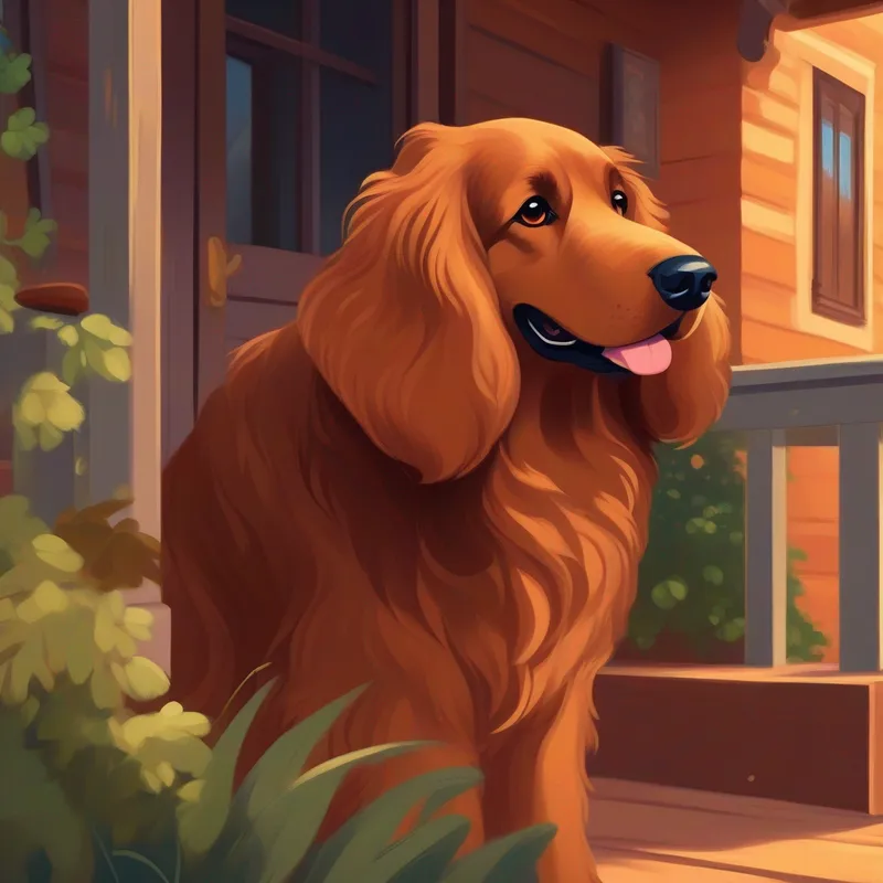 Big, brown dog with floppy ears and a wagging tail looking sad on the porch while Kind girl with curly hair and a bright smile waves goodbye