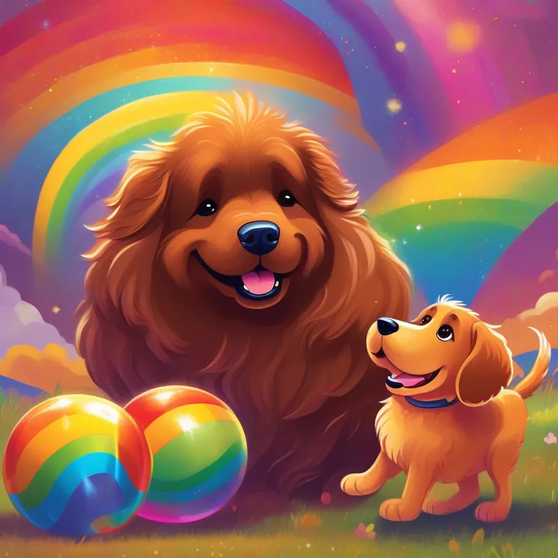 Big, brown dog with floppy ears and a wagging tail and Fluffy, little puppy with sparkly eyes playing with a ball under a rainbow