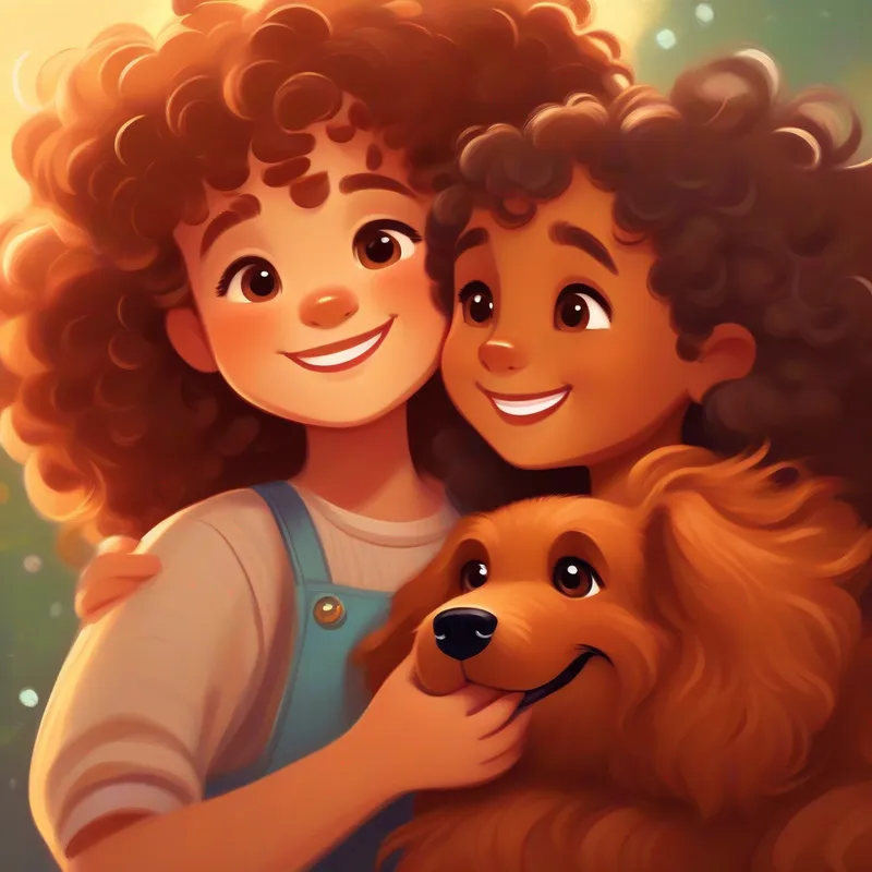 Kind girl with curly hair and a bright smile hugging Big, brown dog with floppy ears and a wagging tail and Fluffy, little puppy with sparkly eyes, all with big smiles