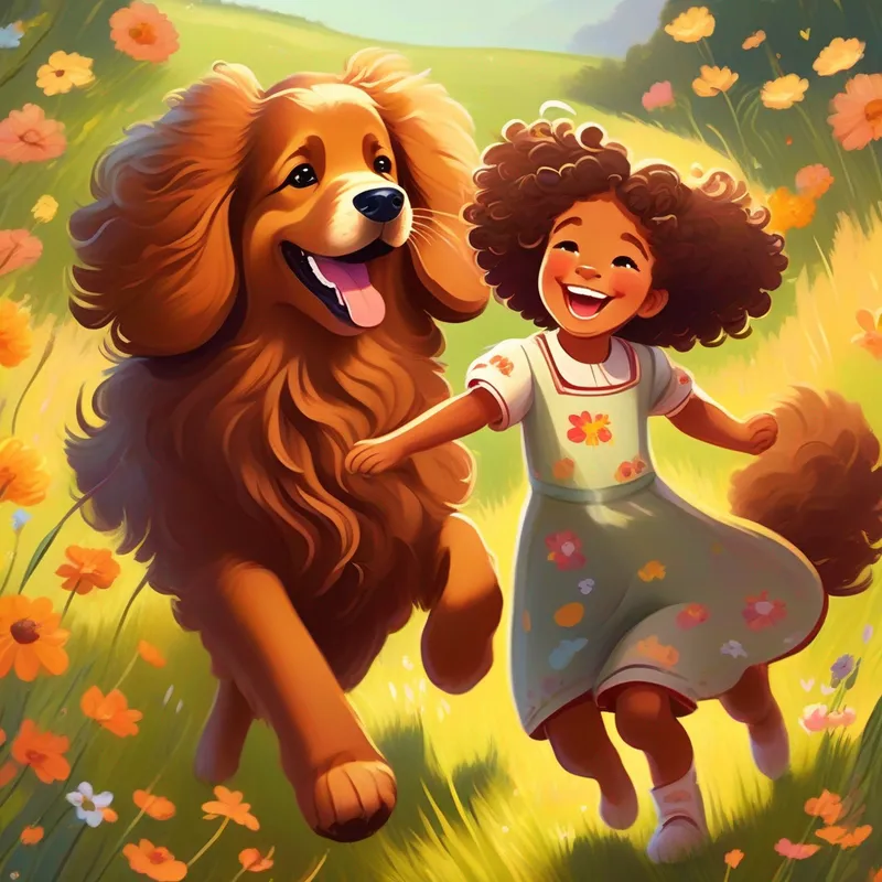 Big, brown dog with floppy ears and a wagging tail, Kind girl with curly hair and a bright smile, and Fluffy, little puppy with sparkly eyes dancing and laughing in a meadow