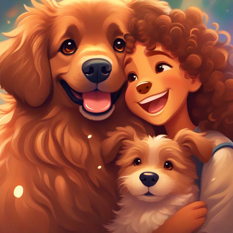 Big, brown dog with floppy ears and a wagging tail, Kind girl with curly hair and a bright smile, and Fluffy, little puppy with sparkly eyes hugging each other tightly