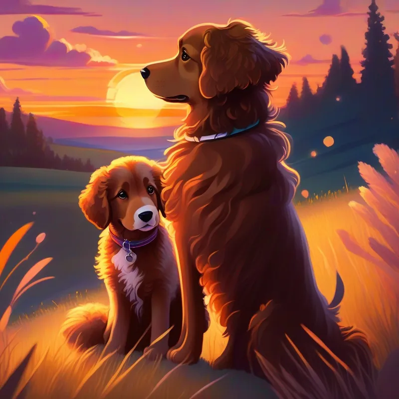 Big, brown dog with floppy ears and a wagging tail, Kind girl with curly hair and a bright smile, and Fluffy, little puppy with sparkly eyes sitting together and looking at the sunset