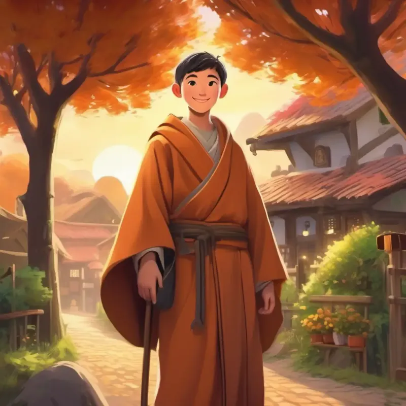 Introduction to the setting and main character, a quiet village and a curious A young, robed monk with a happy smile and twinkling eyes