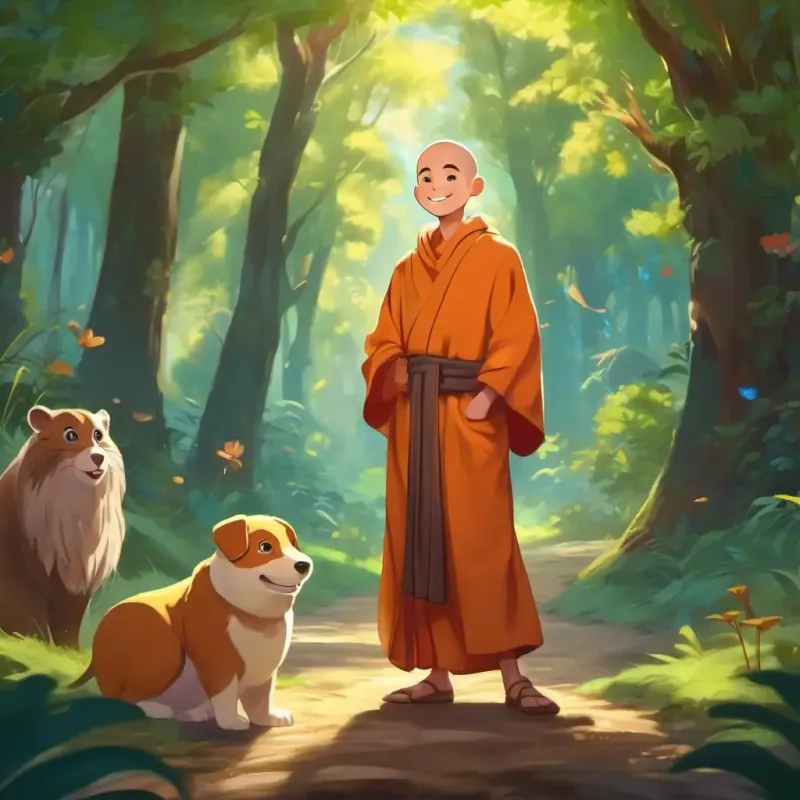 Character introduction, the A young, robed monk with a happy smile and twinkling eyes and his animal friends in the forest