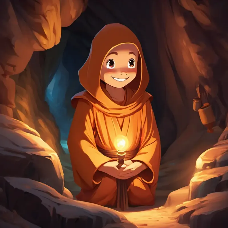 The A young, robed monk with a happy smile and twinkling eyes's adventurous exploration in the cave and discovery