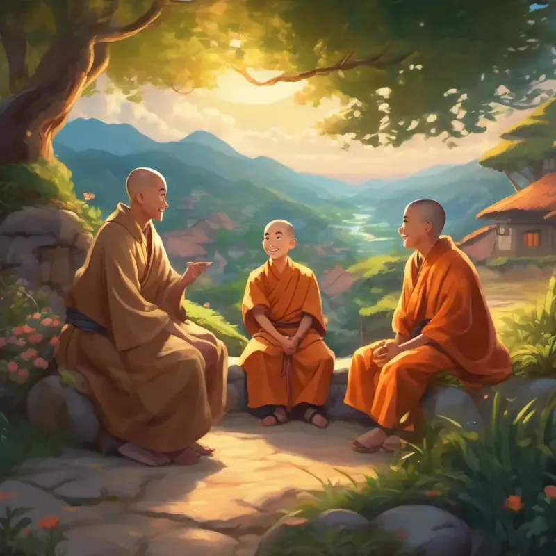 The A young, robed monk with a happy smile and twinkling eyes and his friends sharing their wisdom and entertainment with the village