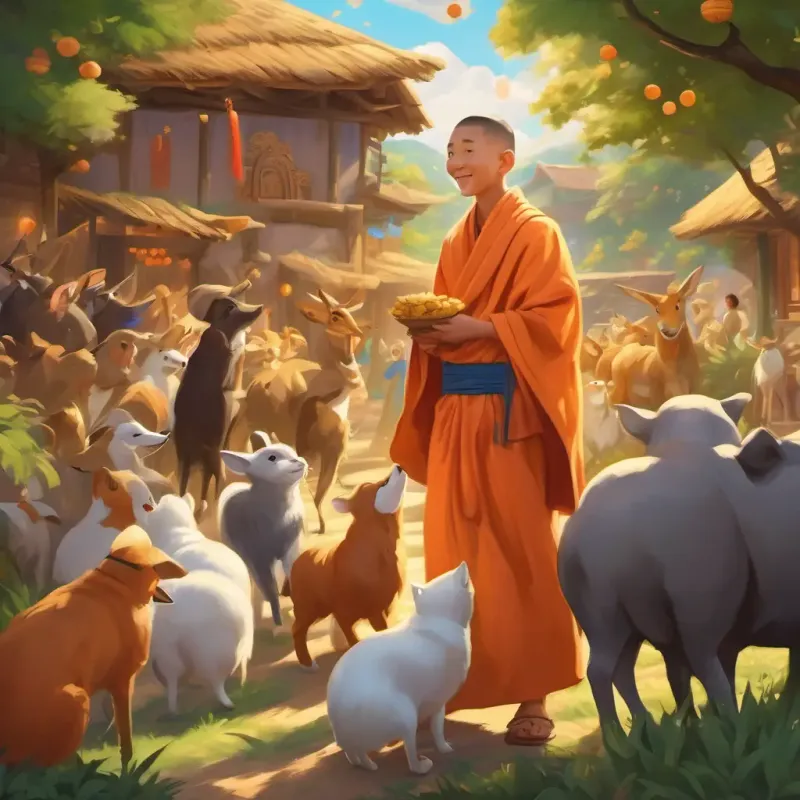 Celebration of the joy brought to the village and the close bond between the A young, robed monk with a happy smile and twinkling eyes and the talking animals