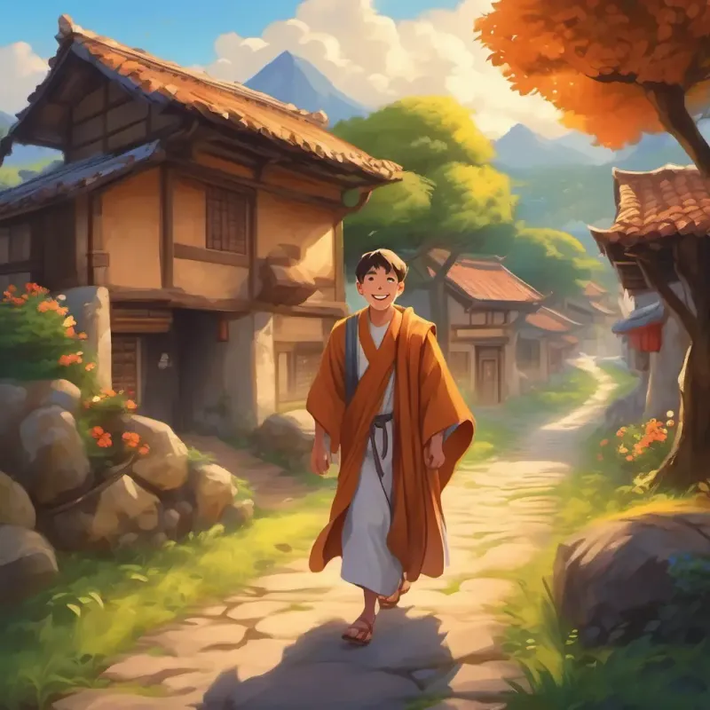 Conclusion of the story, the A young, robed monk with a happy smile and twinkling eyes and his friends bringing lasting happiness to the village