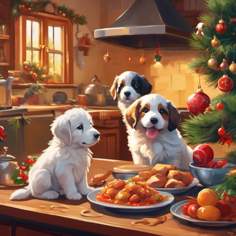 Puppies get hungry, smell chicken from the kitchen.