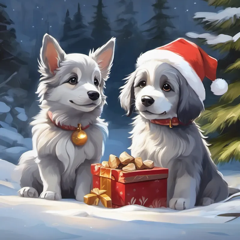 Grey fur, gentle gaze, serene spirit finds his bone, both puppies happy with their finds.