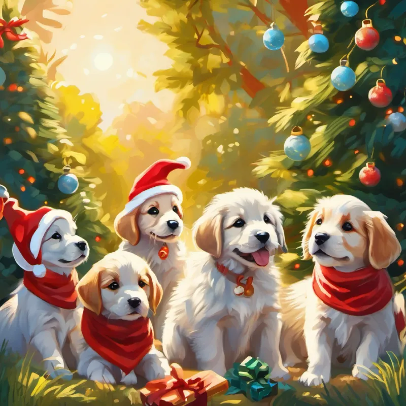 Puppies content with bones in the sunny garden.