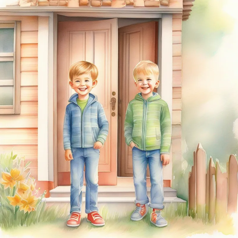 Two brothers standing outside their cozy house, happy and smiling.