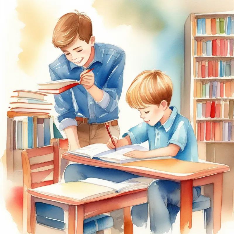 Tall boy with brown hair, wearing a blue shirt and jeans. helping Cute boy with blonde hair, wearing a red shirt and shorts. with his homework, with books and pencils on the table.