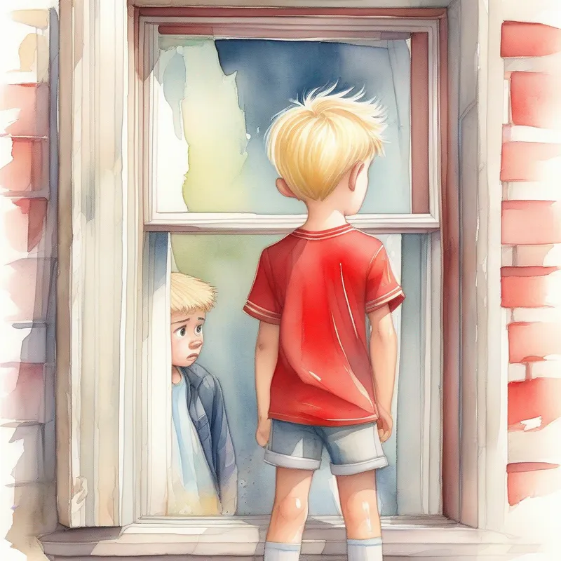 Cute boy with blonde hair, wearing a red shirt and shorts. looking worried near a broken window, with the neighbor looking angry.