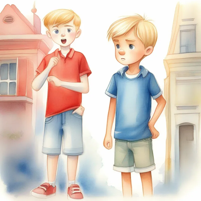 Cute boy with blonde hair, wearing a red shirt and shorts. standing in front of Tall boy with brown hair, wearing a blue shirt and jeans., telling him the truth with a determined expression.