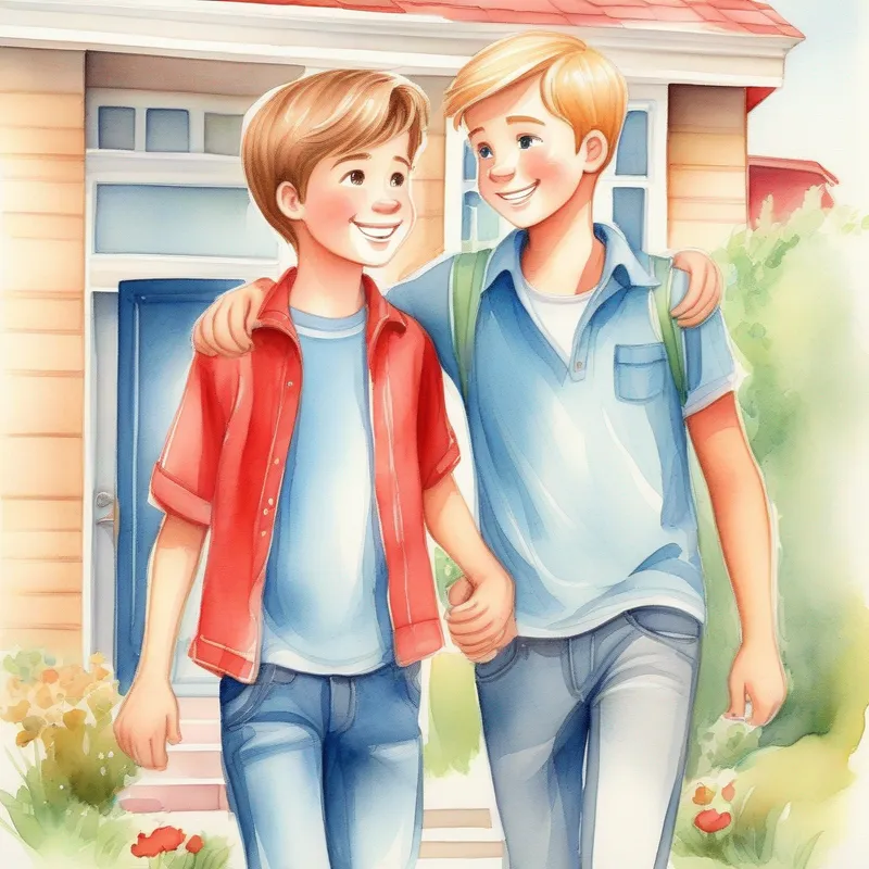 Tall boy with brown hair, wearing a blue shirt and jeans. hugging Cute boy with blonde hair, wearing a red shirt and shorts., both smiling and walking towards the neighbor's house.