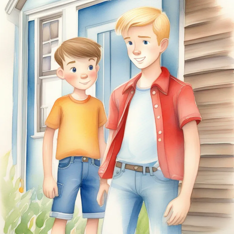 Tall boy with brown hair, wearing a blue shirt and jeans. and Cute boy with blonde hair, wearing a red shirt and shorts. standing in front of the neighbor's house, with the neighbor forgiving Billy.