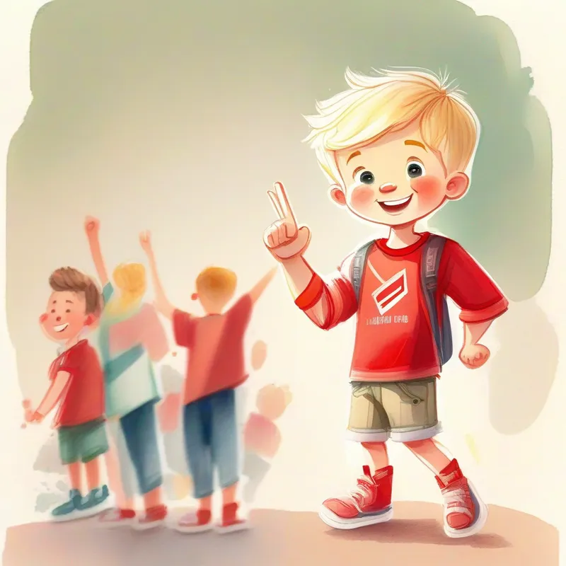 Cute boy with blonde hair, wearing a red shirt and shorts. smiling and raising his hand, making a promise symbol.