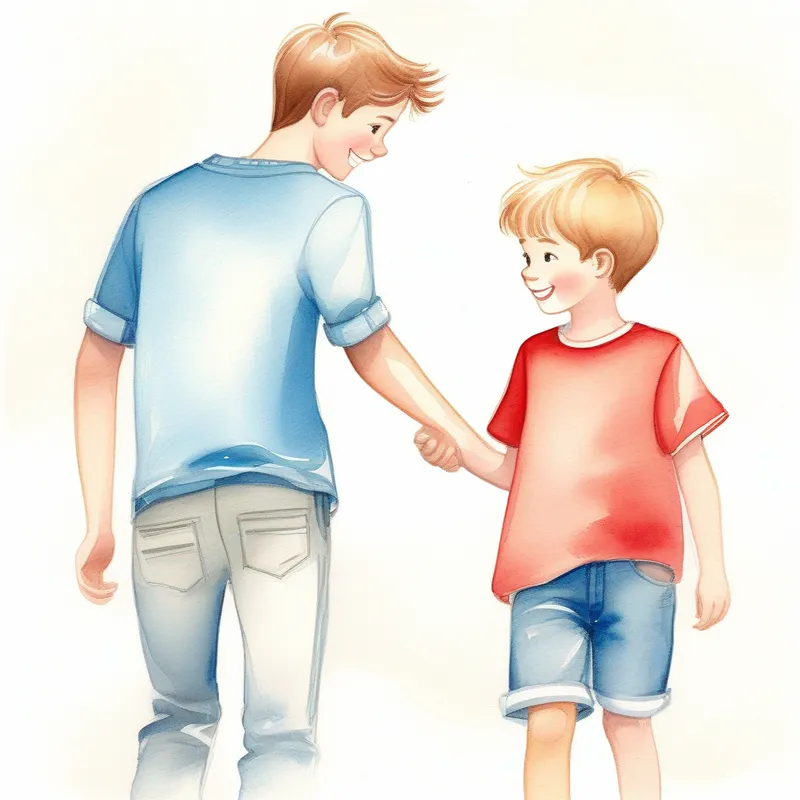 Tall boy with brown hair, wearing a blue shirt and jeans. and Cute boy with blonde hair, wearing a red shirt and shorts. happily playing together, holding hands.