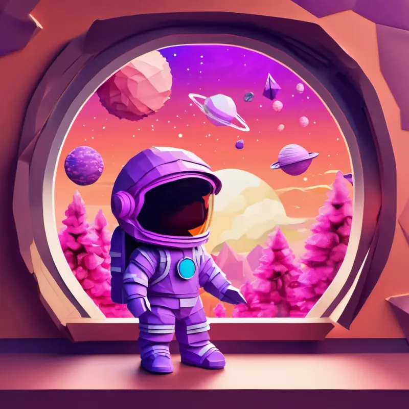 A little astronaut with a spacesuit and a helmet in a spaceship, looking out the window at the planet Zog with purple trees and pink clouds.