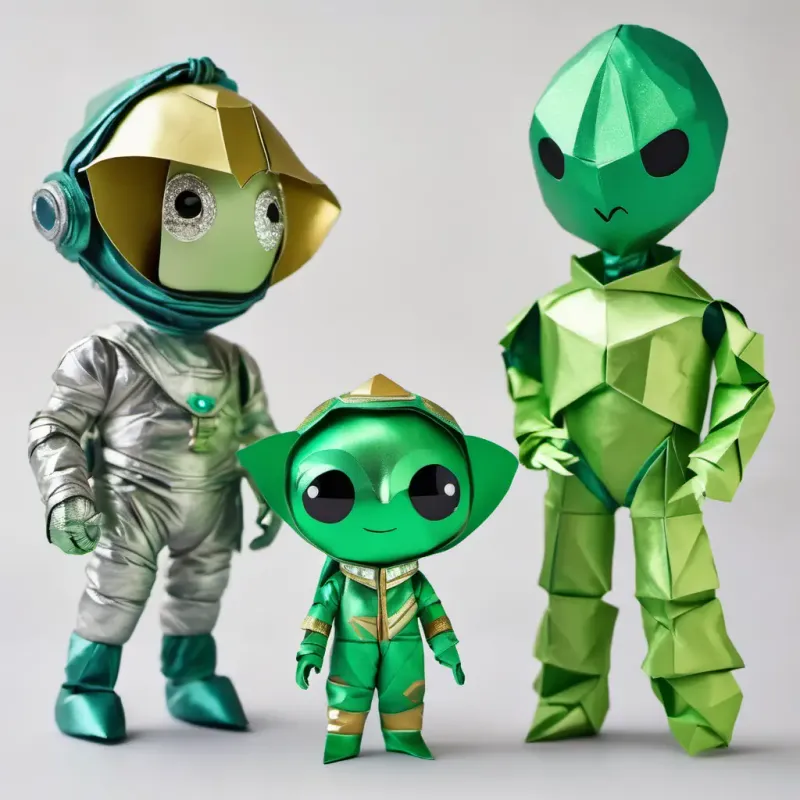 A little astronaut with a spacesuit and a helmet meeting A friendly alien with green skin, big round eyes, and a sparkly silver spacesuit, a green-skinned alien with big round eyes and a sparkly silver spacesuit.