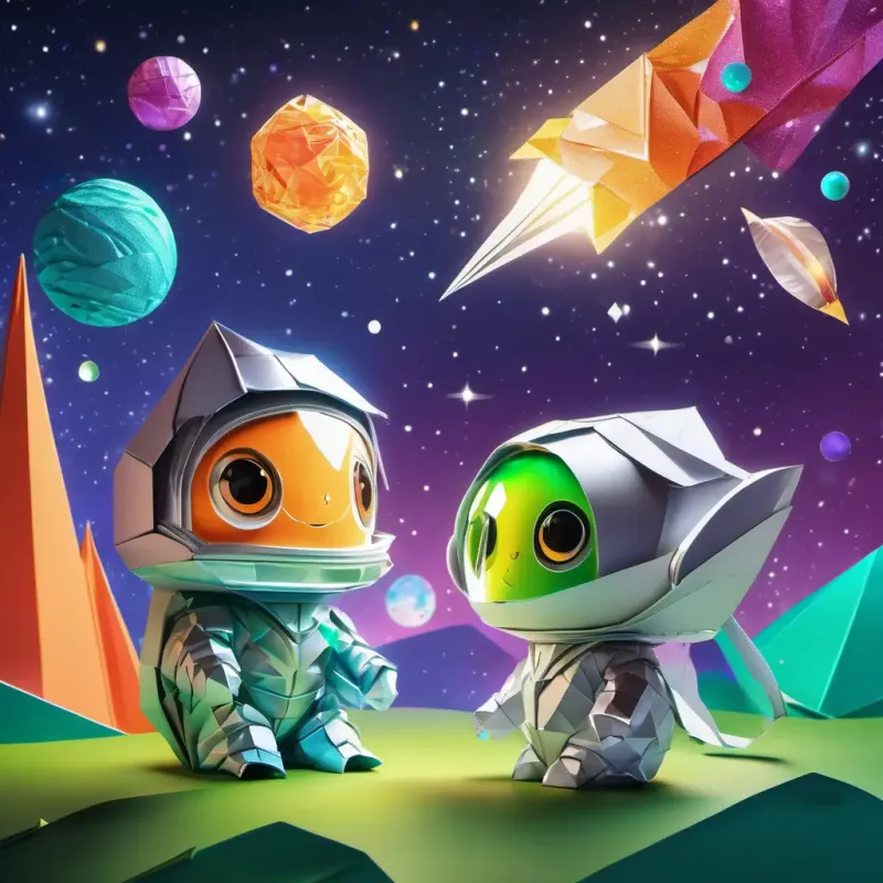 A little astronaut with a spacesuit and a helmet and A friendly alien with green skin, big round eyes, and a sparkly silver spacesuit flying in their spaceship, looking out the window at the star crystals creating a colorful light show in the sky.