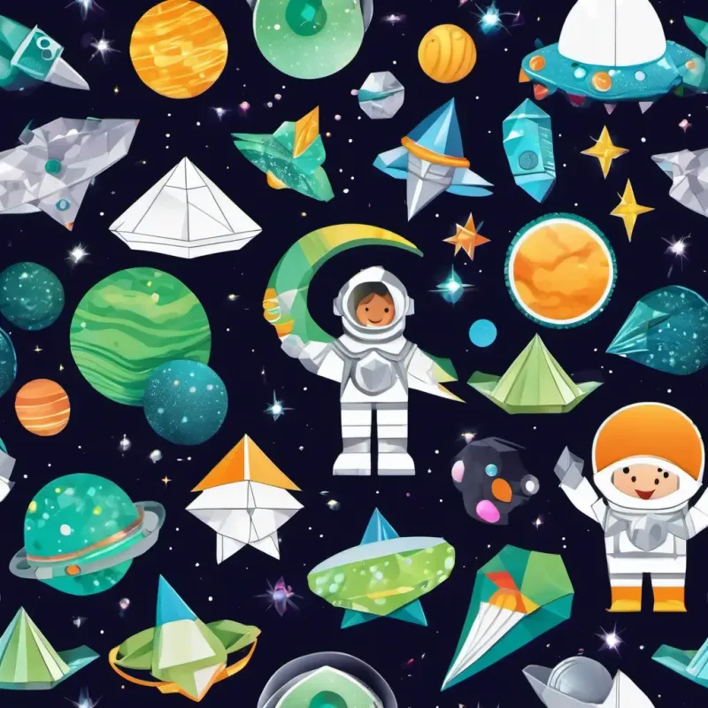 A little astronaut with a spacesuit and a helmet and A friendly alien with green skin, big round eyes, and a sparkly silver spacesuit sharing star crystals with their friends, making everyone happy.