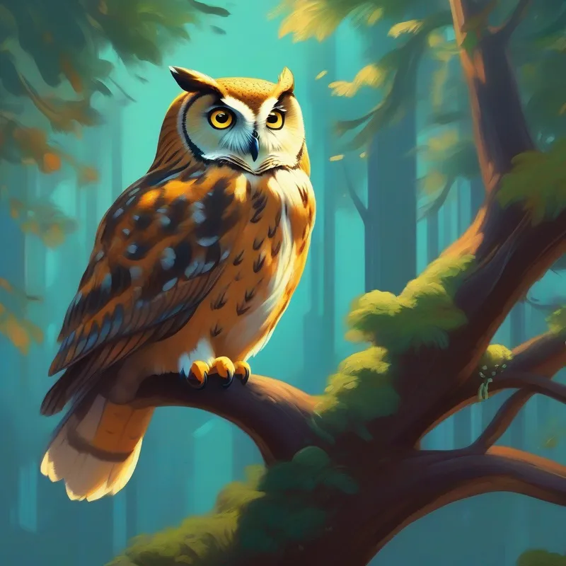 An owl perched on a branch, wise and knowledgeable perched on a branch, talking to Big Butt