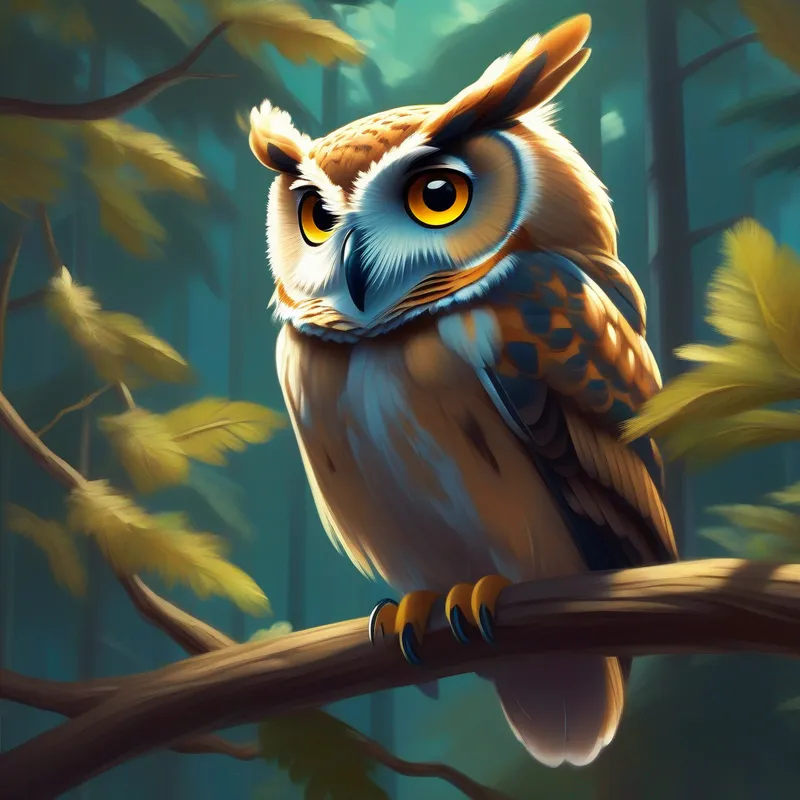 An owl perched on a branch, wise and knowledgeable with flapping wings, lecturing Big Butt