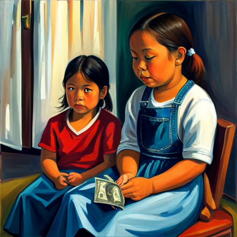 Maya listening to her mother and holding a dollar bill