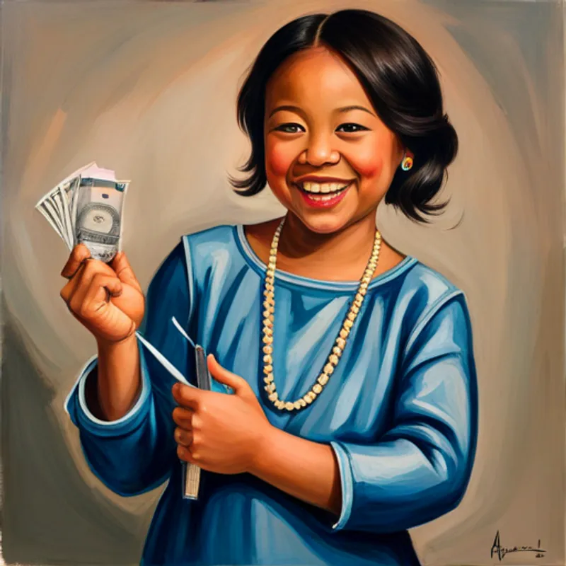 Maya looking excited and pointing at the dollars