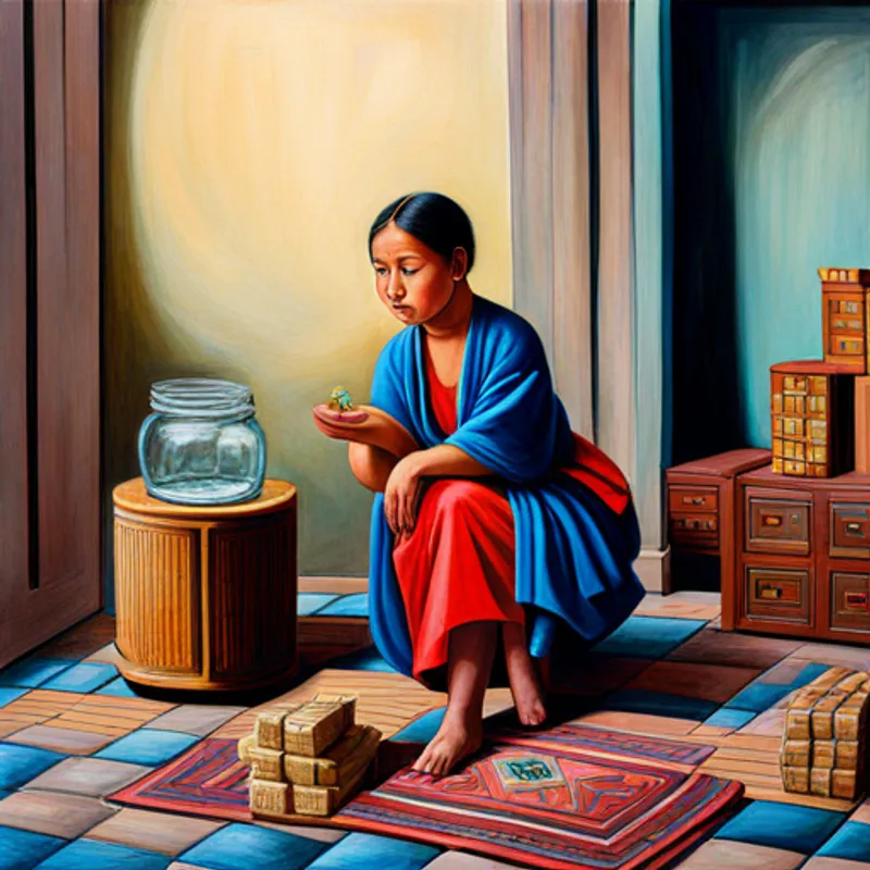 Maya receiving five dollars and dividing them into three jars: savings, spending, and giving
