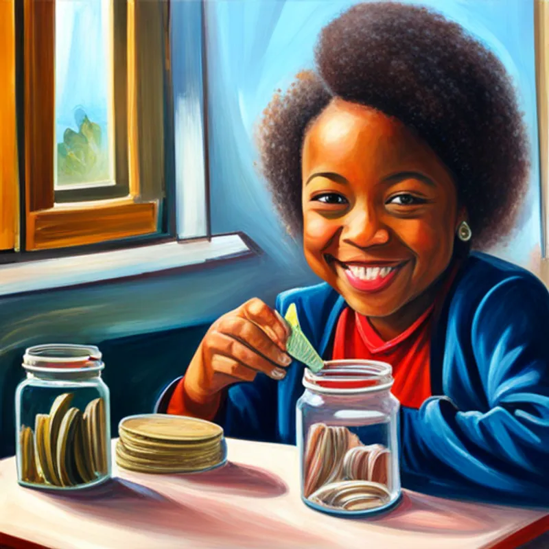 Maya putting money in jars and smiling