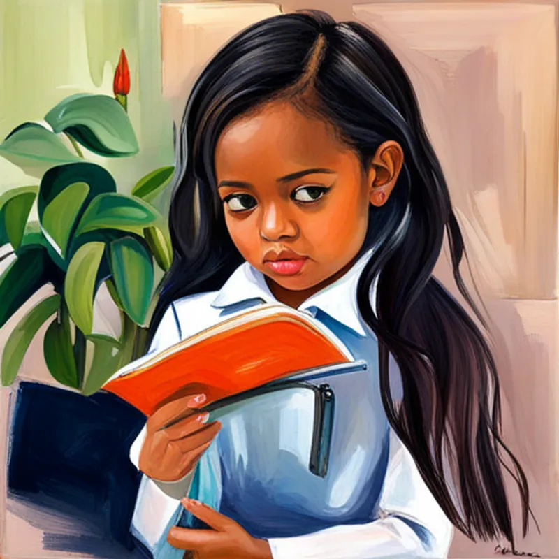 Maya holding her new toy, reading a book, and putting money in a charity box