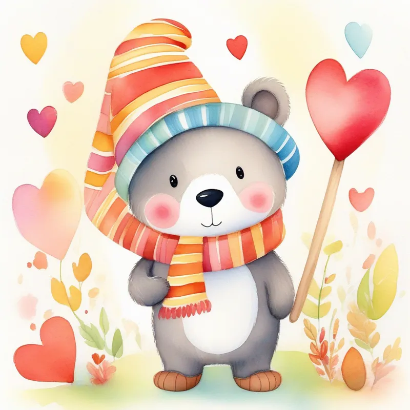 A friendly bear with a big heart, wearing a colorful scarf with a big smile, A tiny squirrel with a fluffy tail, wearing a striped hat with a frown