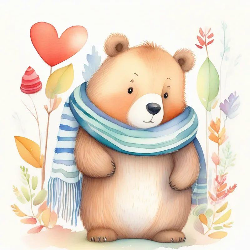 A friendly bear with a big heart, wearing a colorful scarf looking concerned, A tiny squirrel with a fluffy tail, wearing a striped hat looking downcast
